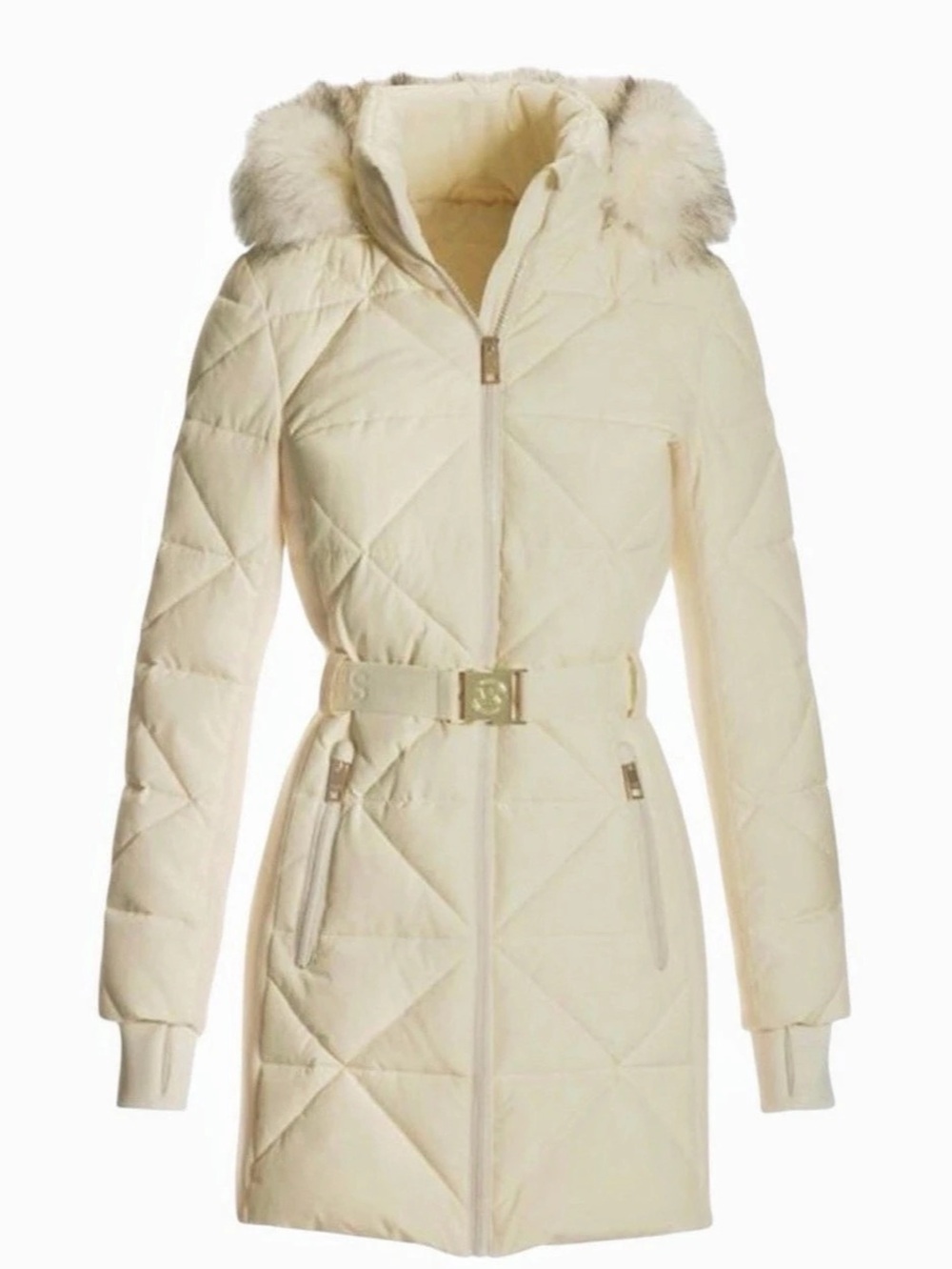 Michael Kors Faux Fur Trim Belted Puffer Jacket Quilted Hooded Belted Puffer in